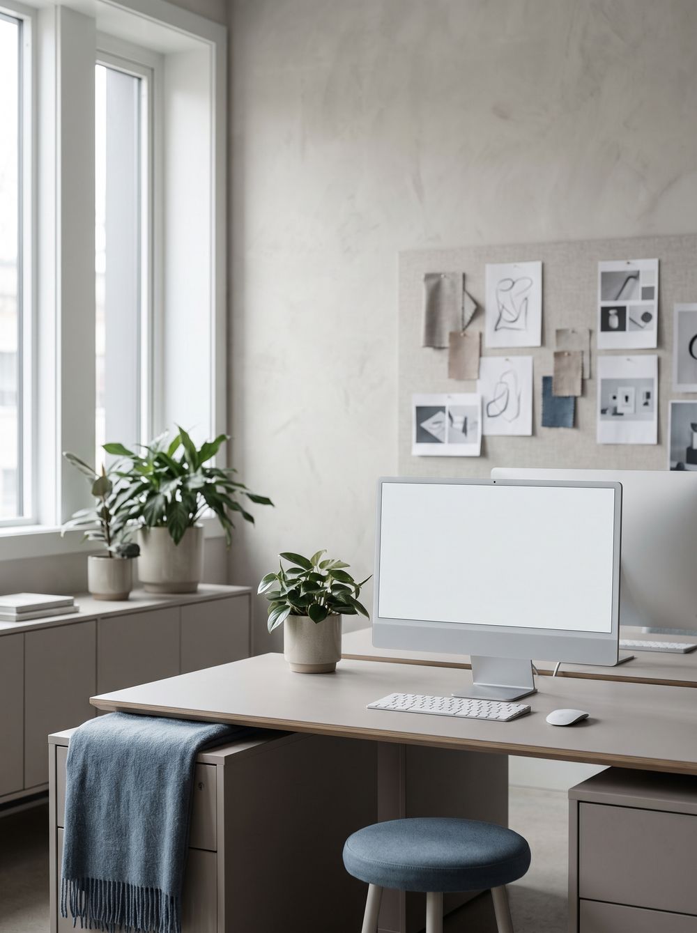 A bright, minimal creative studio in the morning