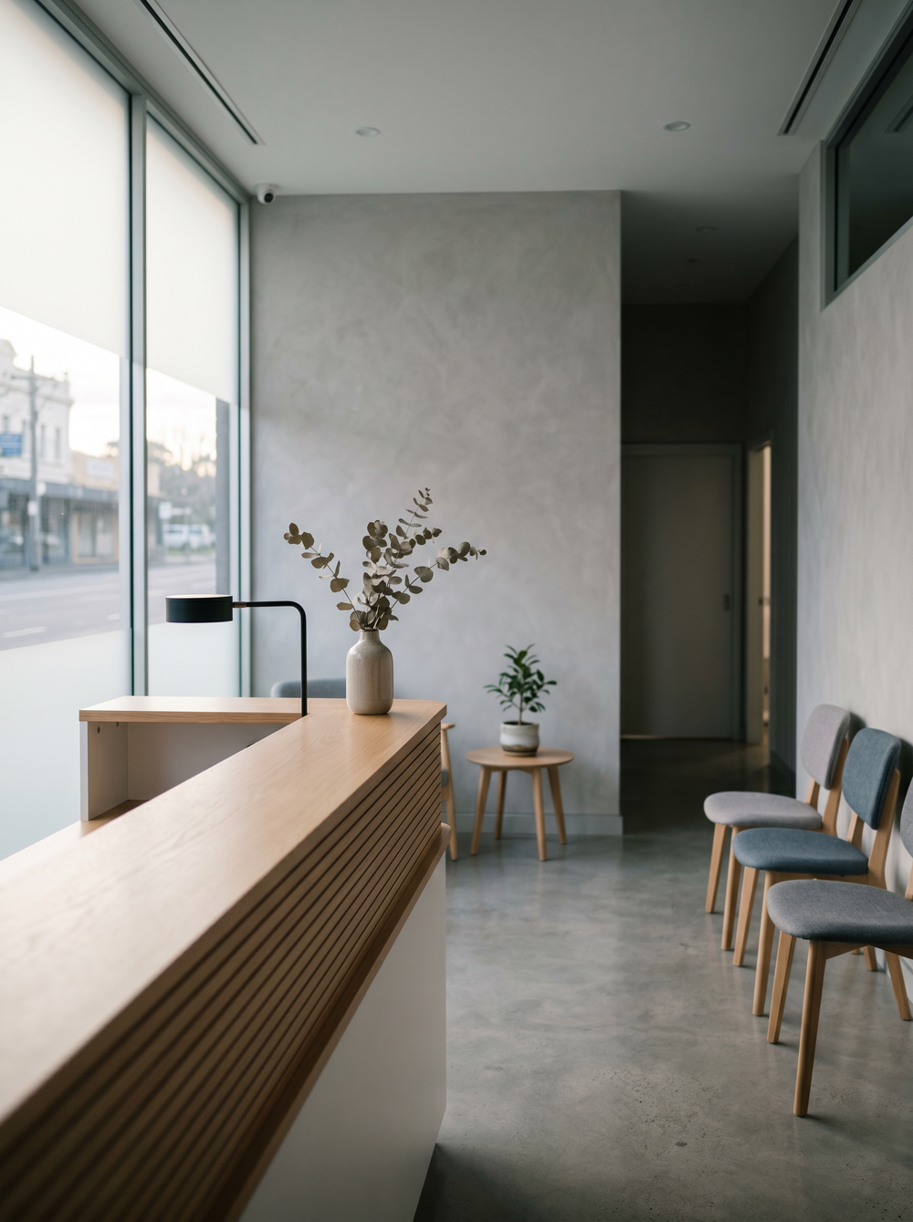 Calm, modern dental practice reception in morning light