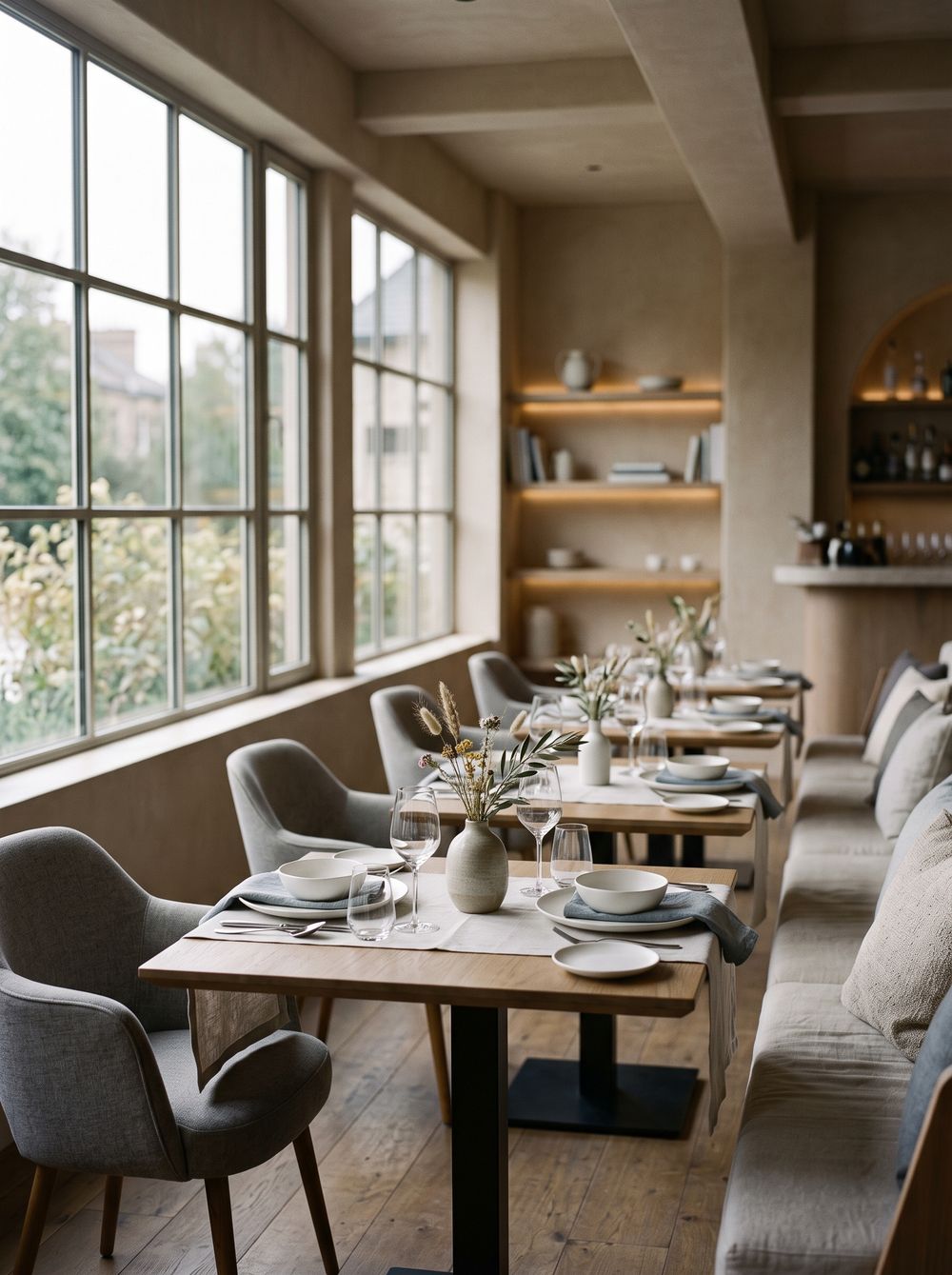 An elegant restaurant interior with tables set for service