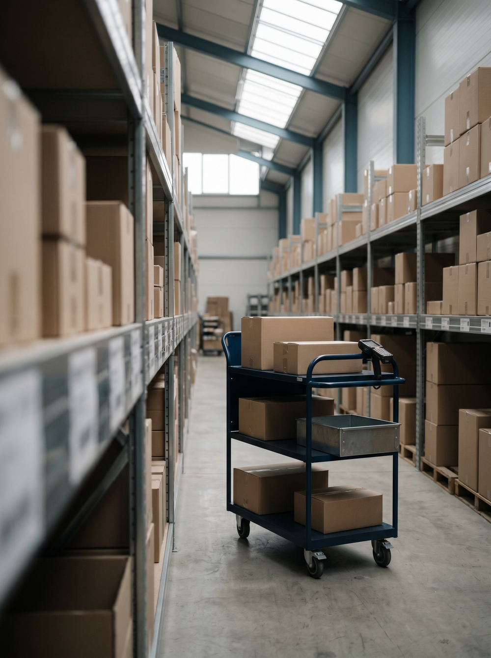 A well-organised warehouse aisle ready for picking