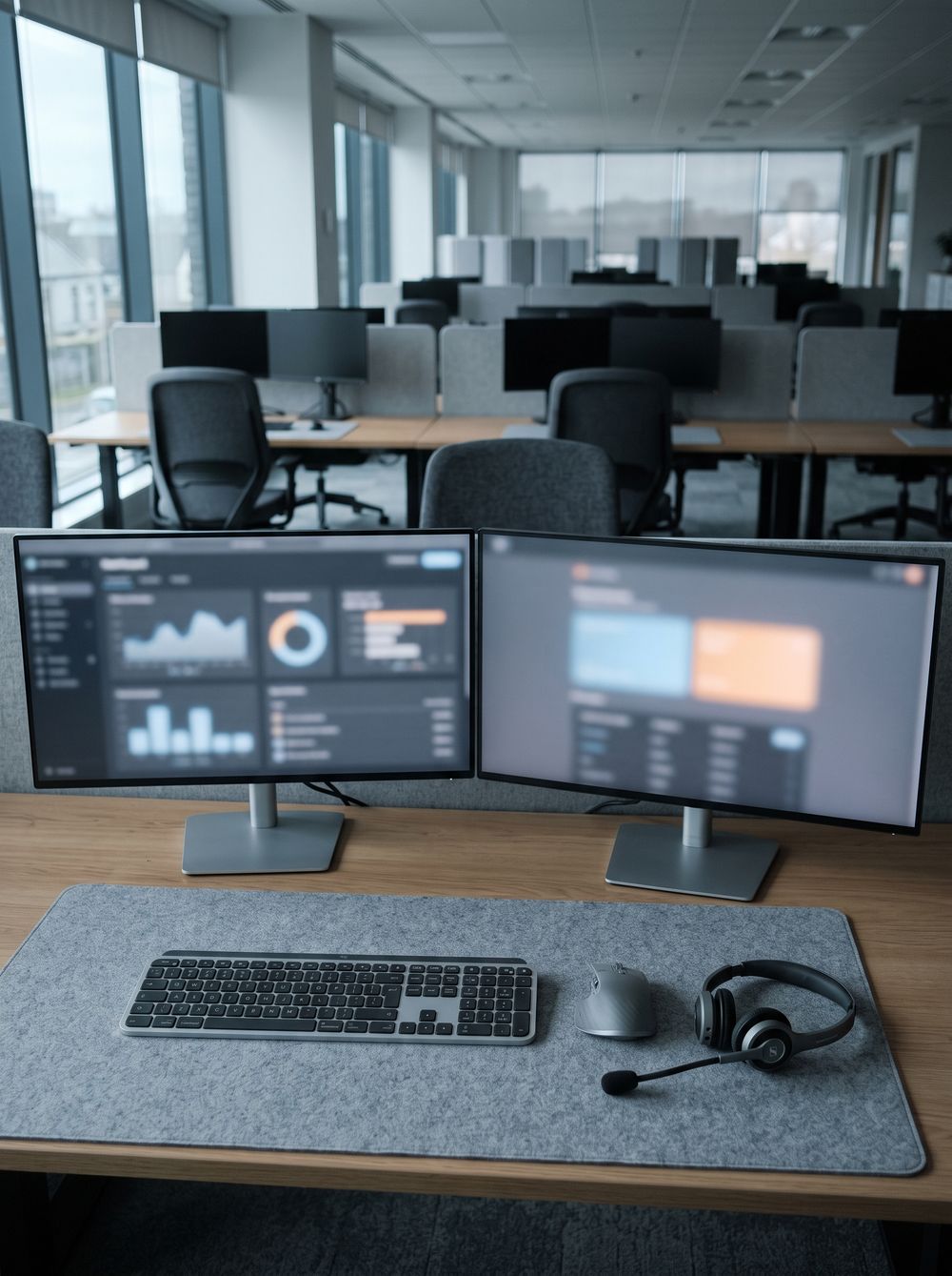 An IT help-desk workstation with dual monitors and a headset