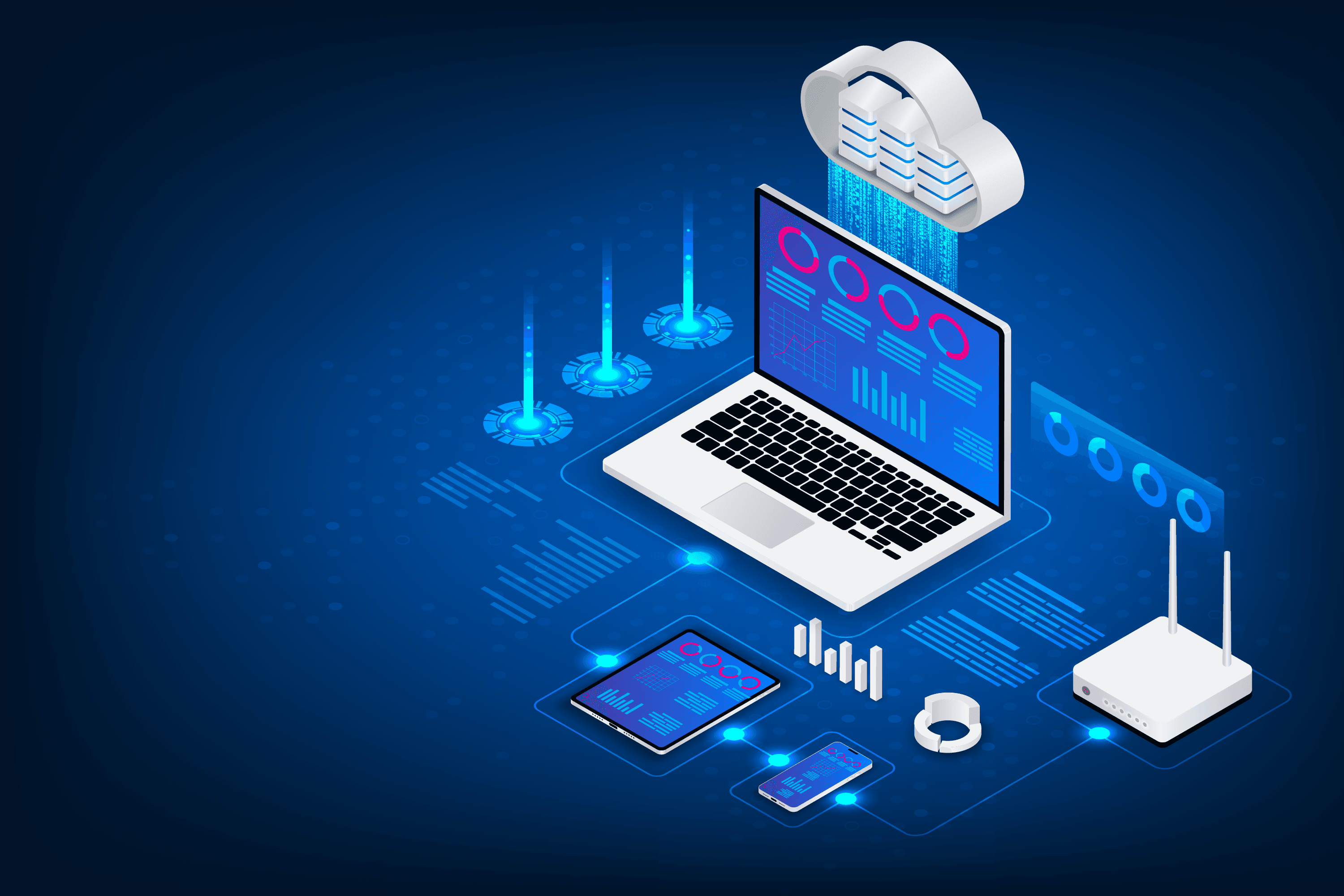 IT consultant analyzing business systems on digital displays while creating a strategic technology roadmap for a company's digital transformation