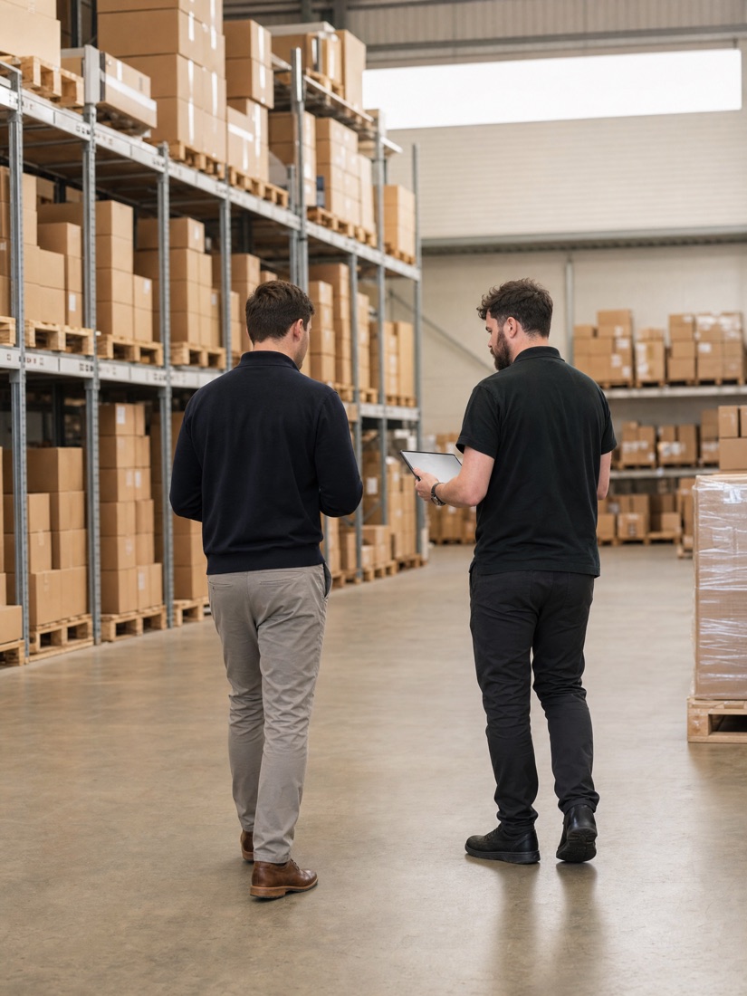 A Natural Medicine Company team member walking through their distribution warehouse with their Panoptic IT advisor